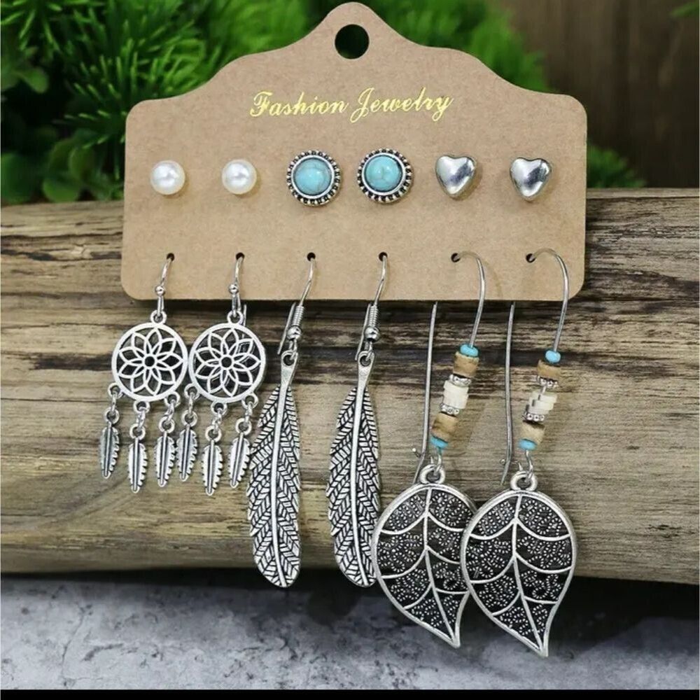 Dream catcher feather leaf pearl stud heart earrings lot